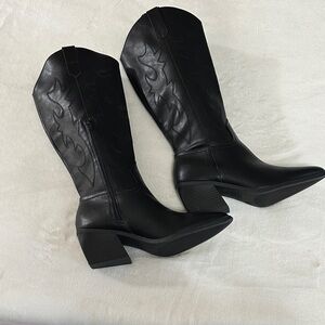 Steve Madden Black Western Knee-High Boots with Block Heel
